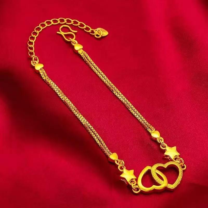 Fashion Imitation Gold Vietnamese Sand Gold Double Heart Bracelet Women's Set Gold-Plated Double Heart Accessories (L014)