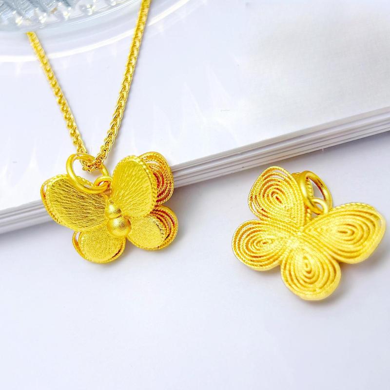 Gold Shop Same Style Ancient Method Sand Gold Double Layer Filigree Butterfly Pendant(L101) New Chinese Style National Trend Three-Dimensional Butterfly Necklace for Women herringbone necklace