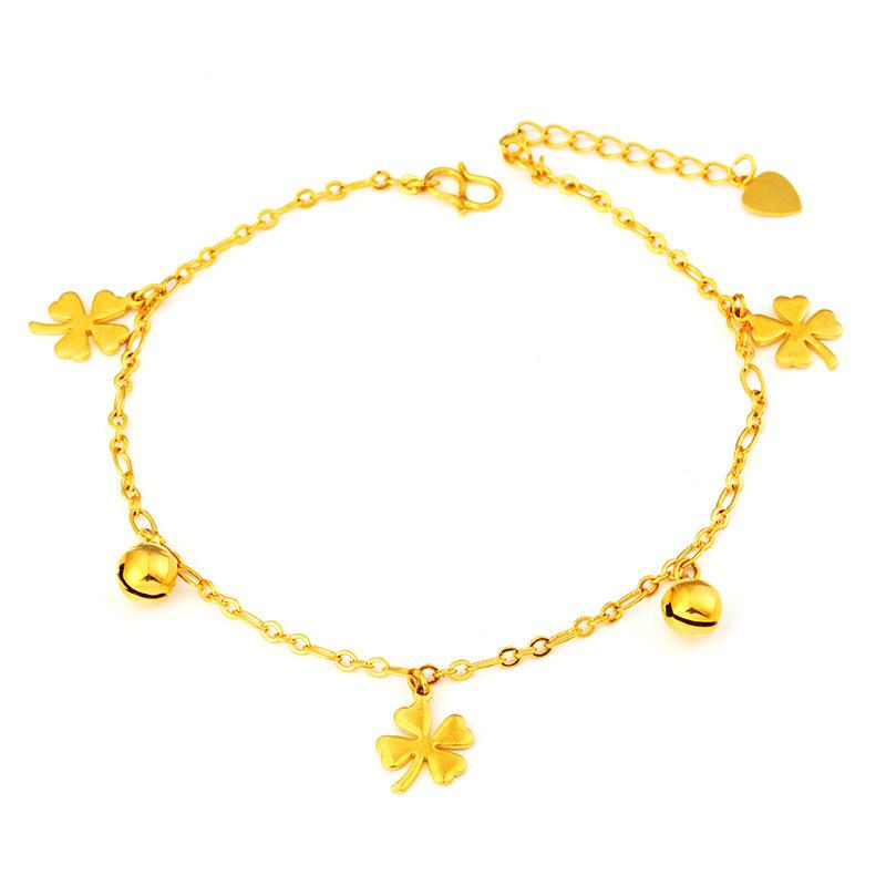 Gold-Filled Anklet (L043) Versatile Four-Leaf Clover Korean Style Bell Lucky Bag Foot Jewelry Long-Lasting Color Women's Beach Accessories Wholesale from Yiwu