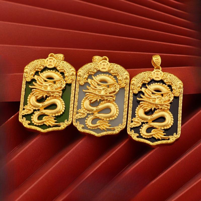 National Trend Sand Gold Imitation Gold Inlaid Jade Dragon Pendant(L078) Inlaid Gemstone Copper Coin Pixiu Necklace Pendant Brass Gold-Plated Jewelry