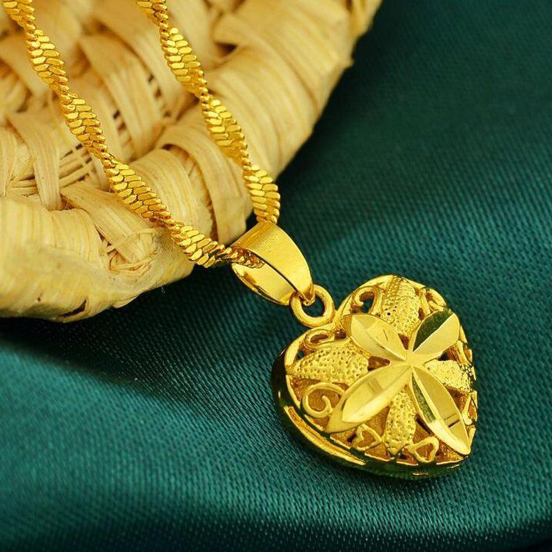 Euro Coin Jewelry Heart-Shaped Water Wave Pendant Chain L038 24K Color Fashion Style Herringbone Necklace for Women Gold Filled Finish All-Matching Fashion Accessory