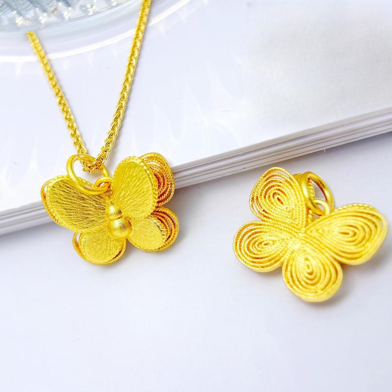 Gold Shop Same Style Ancient Method Sand Gold Double Layer Filigree Butterfly Pendant(L101) New Chinese Style National Trend Three-Dimensional Butterfly Necklace for Women herringbone necklace