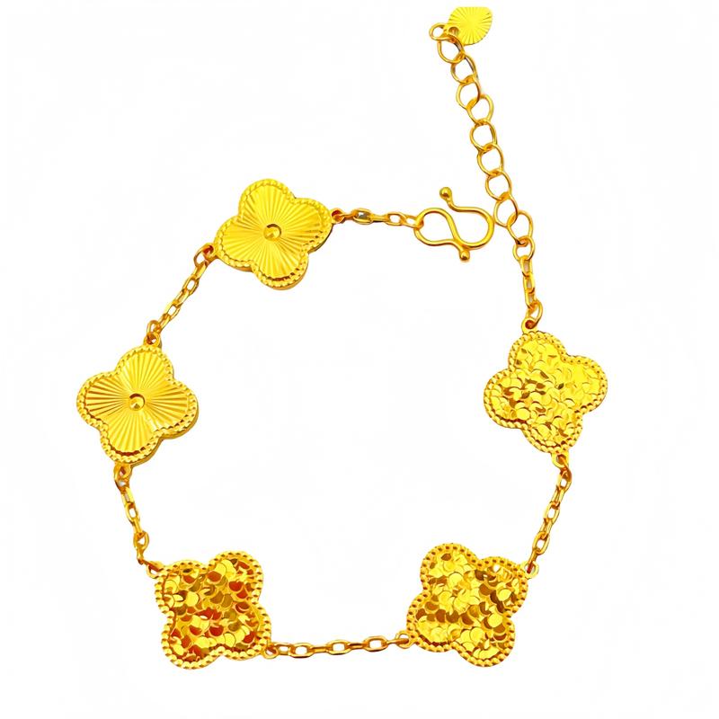 Gold Store Same Style High Color Retention Ancient Method Sand Gold Laser Crushed Ice Four-Leaf Clover Bracelet(L097) with Dragon Scale Lucky Clover Five-Flower Motif for Women
