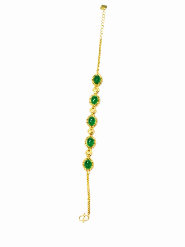 Daily Costume Jewelry Accessory Gold-Tone Bracelet with Green Oval Stones and Heart Charm for Everyday Wear Length 18.5mm with Extend 4mm (L007)