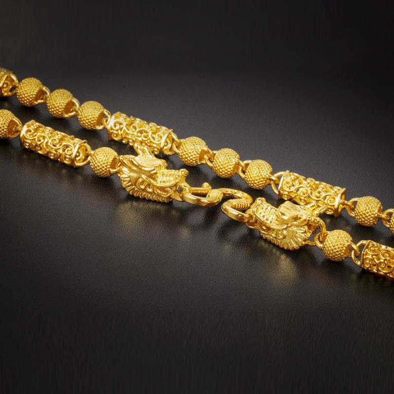 24K Gold Filled Buddha Bead Dragon Head Necklace Men's Vietnamese Sand Gold Hollow Dragon Chain Euro Coin Imitation Gold Round Bead Chain