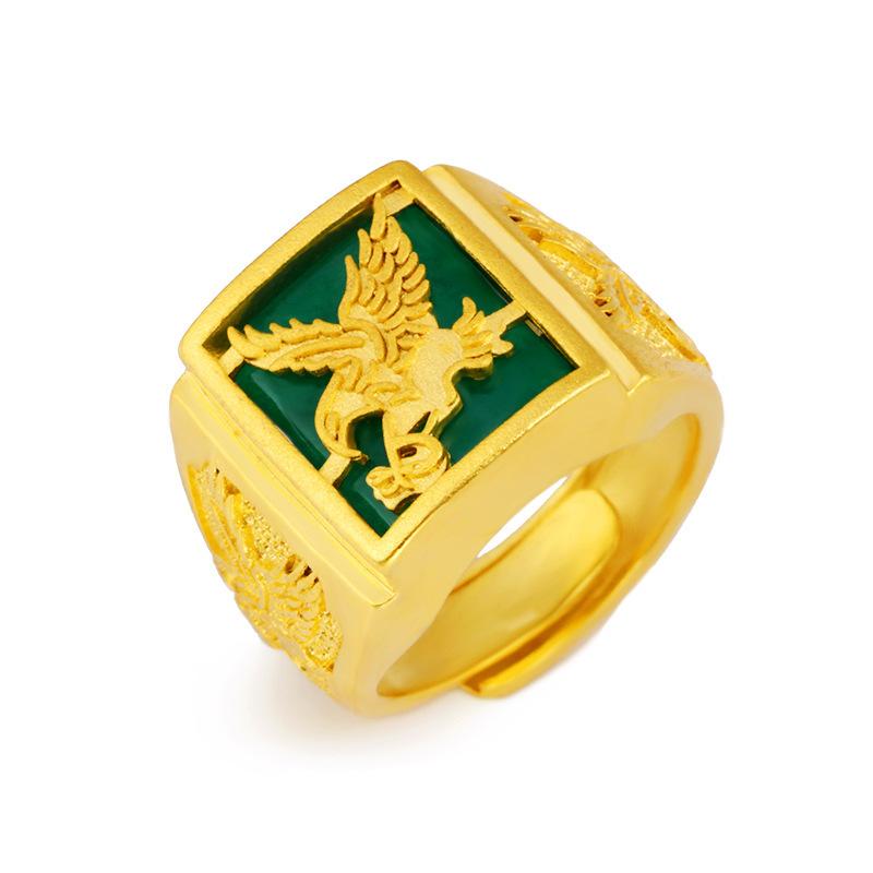 24K Gold Filled Ring for Men Sand Gold Inlaid Jade Ring Eagle Big Boss Ring L034 Imitation Gold Malay Jade Open Adjustable Nature Jewelry
