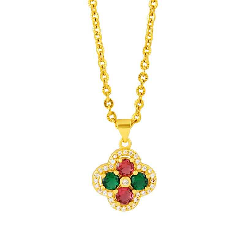Elegant Gold Filled Gemstone Four-Leaf Clover Pendant Brass Imitation Gold Necklace for Women Custom Script Name Pendant New Sand Gold Jewelry
