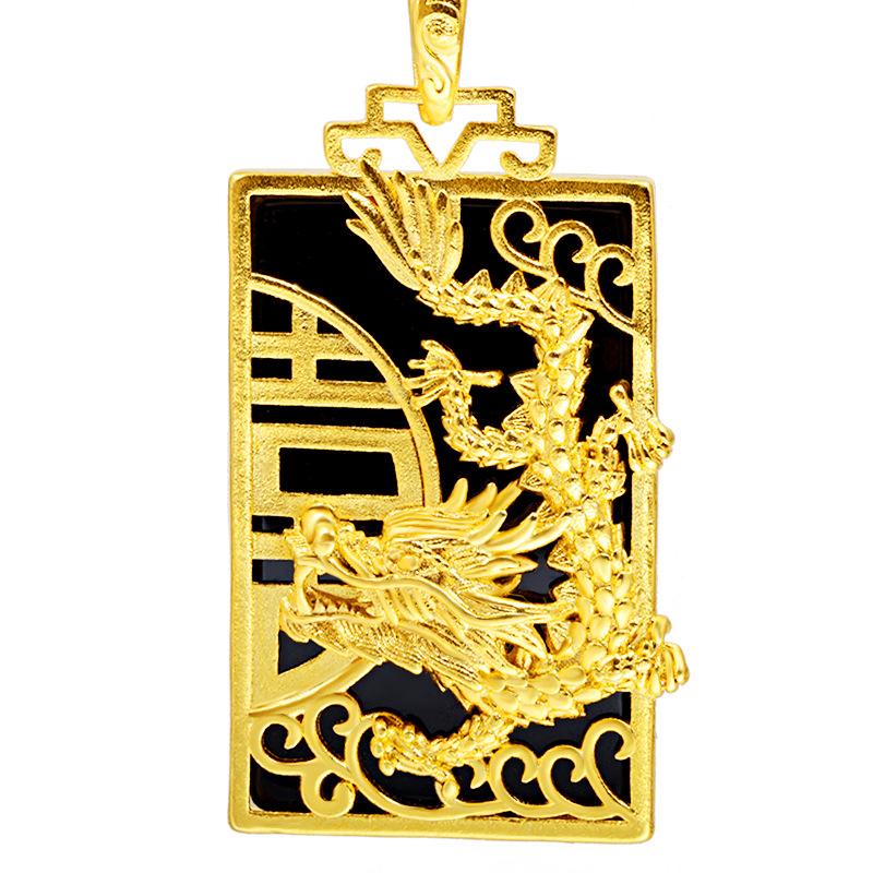 Domineering Laos Sand Gold Green Chalcedony Pendant (L091) for Women Dragon Phoenix Presenting Auspiciousness Gold Inlaid Jade Pendant Chain Ethnic Style Gold Filled Jewelry