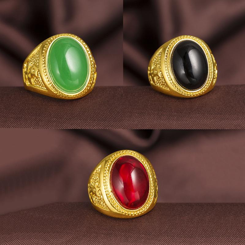 Exclusive Counter Style Stone 24K Gold Filled Ring for Men, Long-lasting Color, Brass Gold-Filled Sand Gold Jewelry Agate Ring (L118) unique design
