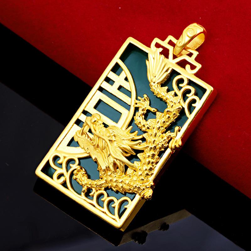 Domineering Laos Sand Gold Green Chalcedony Pendant (L091) for Women Dragon Phoenix Presenting Auspiciousness Gold Inlaid Jade Pendant Chain Ethnic Style Gold Filled Jewelry