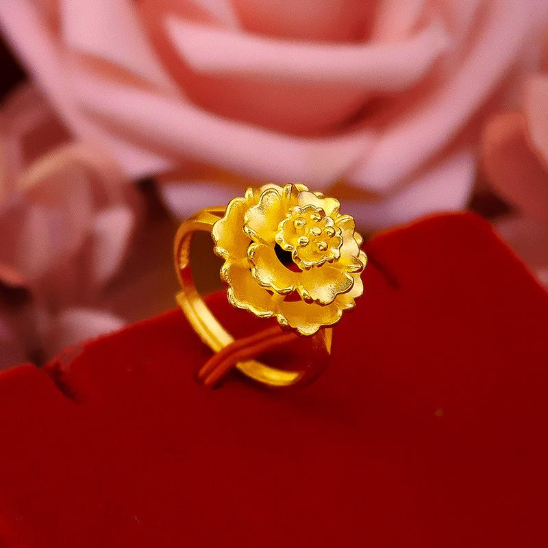 Gold Filled Women's Vintage Flower Ring, Vietnam Sand Gold Flower Ring, Bride Wedding Prosperity Flower Ring
