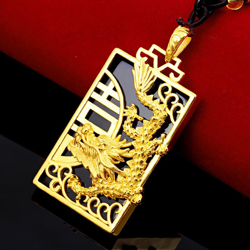 Domineering Laos Sand Gold Green Chalcedony Pendant (L091) for Women Dragon Phoenix Presenting Auspiciousness Gold Inlaid Jade Pendant Chain Ethnic Style Gold Filled Jewelry