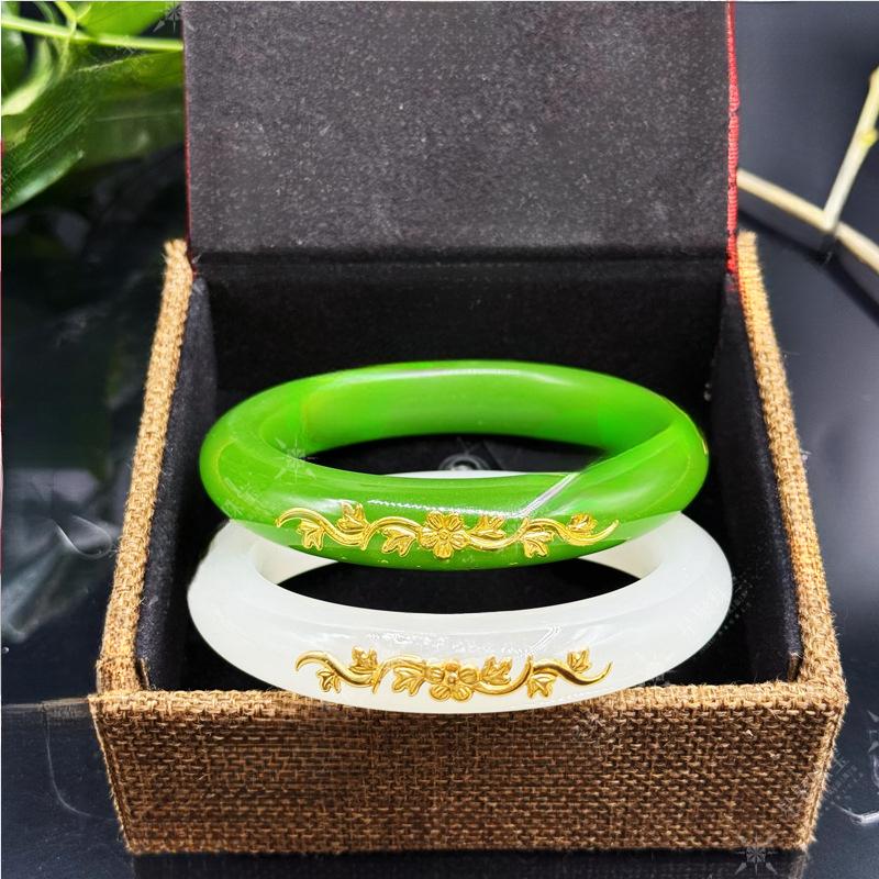 Inlaid Gold Bracelet Blooming Wealth Dragon Phoenix Imitation Hetian White Jade Malay Jade Gift Box for Mom for Wife Wholesale bangle style perfect high  appearance  bracelet unique design