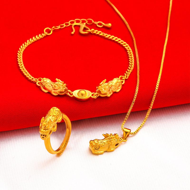daily gift Gold filled Imitation Gold Bracelet Necklace Set with Pixiu Yuanbao Design Copper Jewelry for Wealth Prosperity Gift money attraction bracelet necklace set unique design unique design