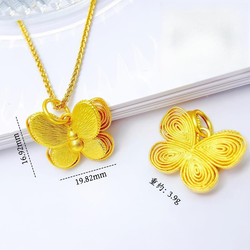 Gold Shop Same Style Ancient Method Sand Gold Double Layer Filigree Butterfly Pendant(L101) New Chinese Style National Trend Three-Dimensional Butterfly Necklace for Women herringbone necklace