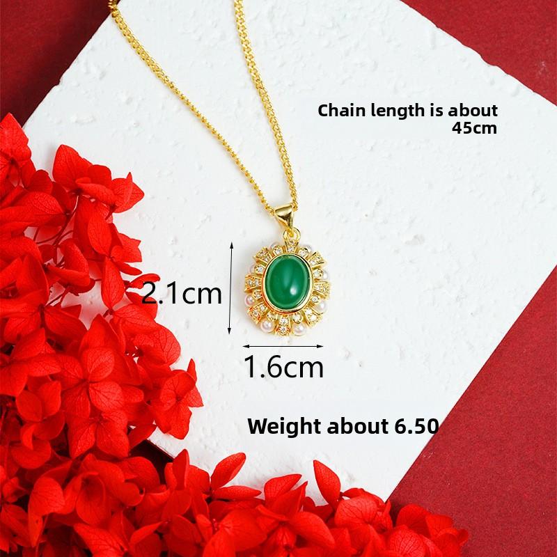 Necklace Vintage Style Diamond Inlaid (L049) Palace Style Long-lasting Jewelry 24K GOLD FILLED Material Green Gemstone Pendant