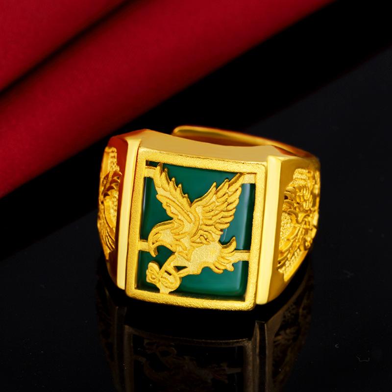 24K Gold Filled Ring for Men Sand Gold Inlaid Jade Ring Eagle Big Boss Ring L034 Imitation Gold Malay Jade Open Adjustable Nature Jewelry