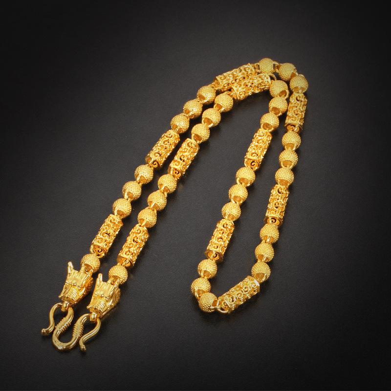 24K Gold Filled Buddha Bead Dragon Head Necklace Men's Vietnamese Sand Gold Hollow Dragon Chain Euro Coin Imitation Gold Round Bead Chain