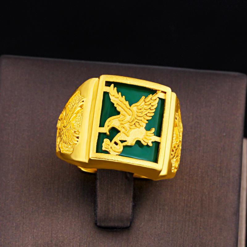 24K Gold Filled Ring for Men Sand Gold Inlaid Jade Ring Eagle Big Boss Ring L034 Imitation Gold Malay Jade Open Adjustable Nature Jewelry