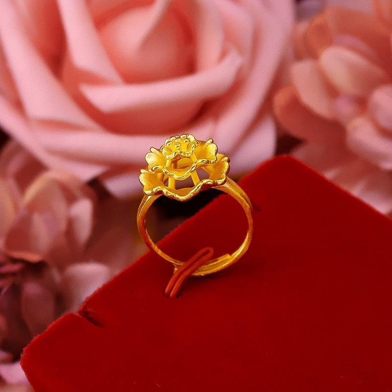 Gold Filled Women's Vintage Flower Ring, Vietnam Sand Gold Flower Ring, Bride Wedding Prosperity Flower Ring