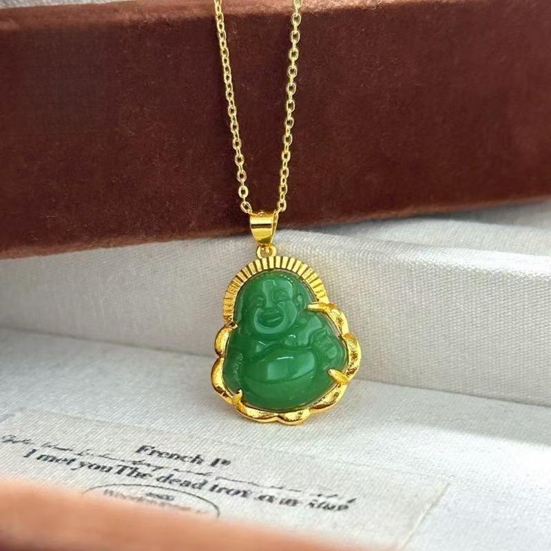 Gold Filled Chalcedony Maitreya Buddha Pendant Necklace Brass Gold Filled Hetian Jade Gold Inlaid Jade Women's Pendant Wholesale (L111) faith  based  jewelry mom ever book necklace unique design