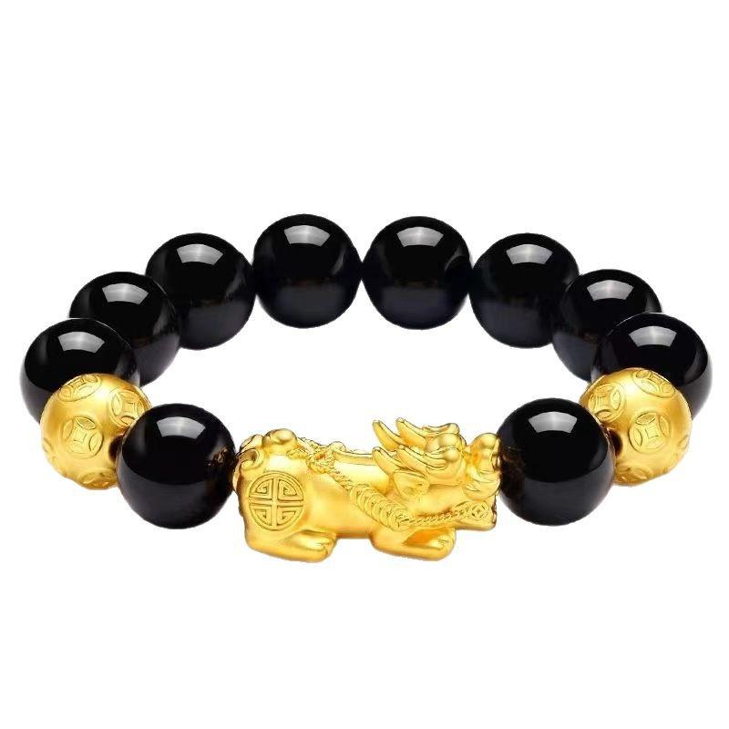 Money Attraction Bracelet Gold Filled Accessories Men Pixiu Bracelet Wealth Transfer Beads Obsidian Black Bracelet Copper Alloy DIY Jewelry Wholesale daily gift (L002)