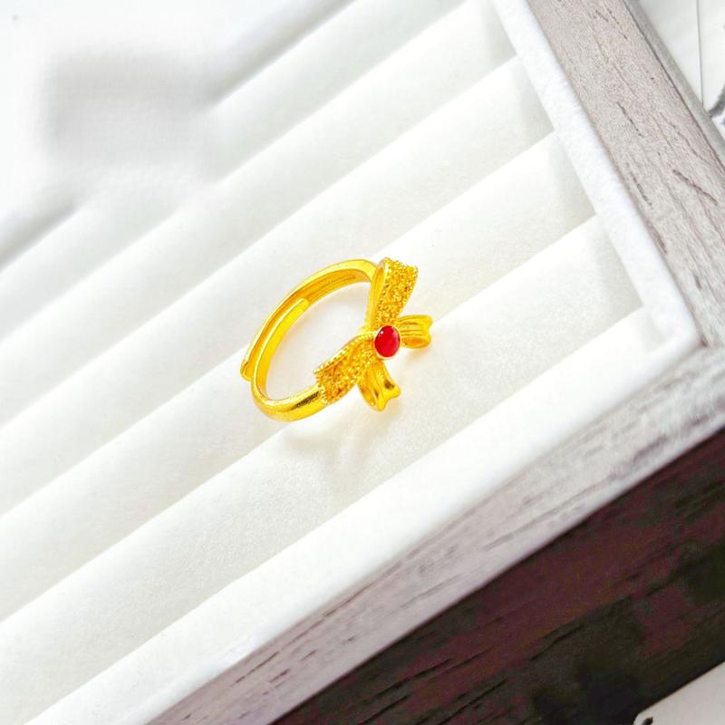 Gold Shop Ancient Method Sand Gold Enamel Filigree Bowknot Open Ringfor Women (L098) Affordable 24K Jewelry Classic Design