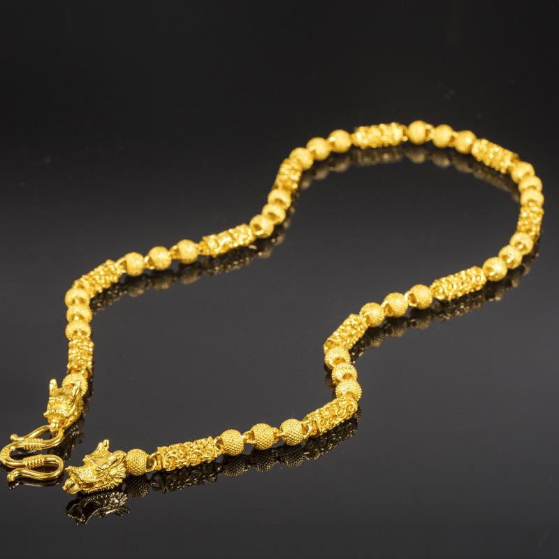 24K Gold Filled Buddha Bead Dragon Head Necklace Men's Vietnamese Sand Gold Hollow Dragon Chain Euro Coin Imitation Gold Round Bead Chain