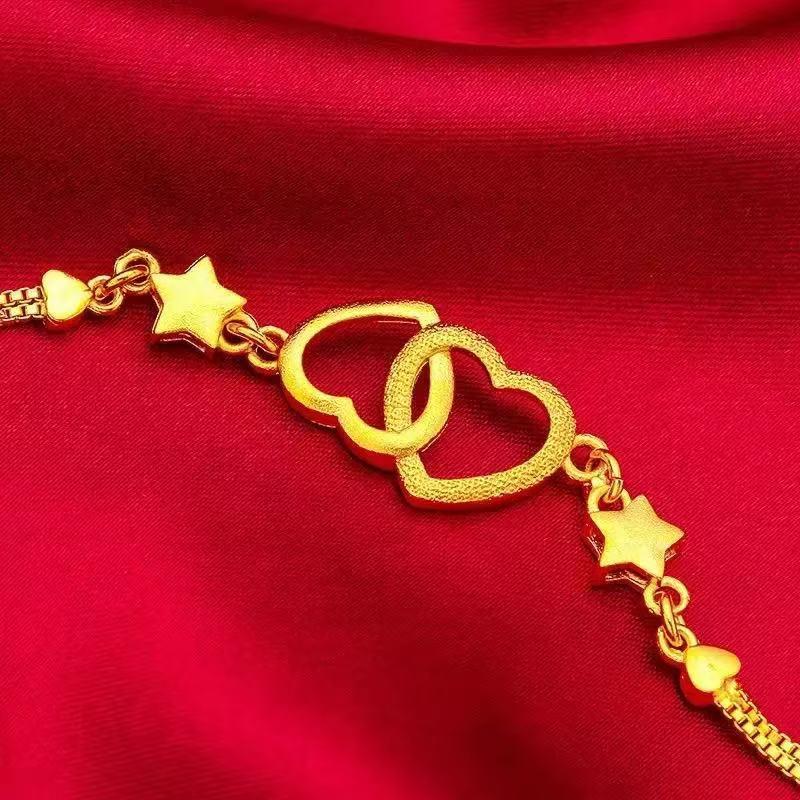 Fashion Imitation Gold Vietnamese Sand Gold Double Heart Bracelet Women's Set Gold-Plated Double Heart Accessories (L014)