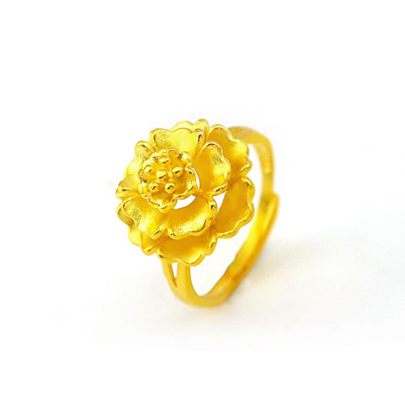 Gold Filled Women's Vintage Flower Ring, Vietnam Sand Gold Flower Ring, Bride Wedding Prosperity Flower Ring