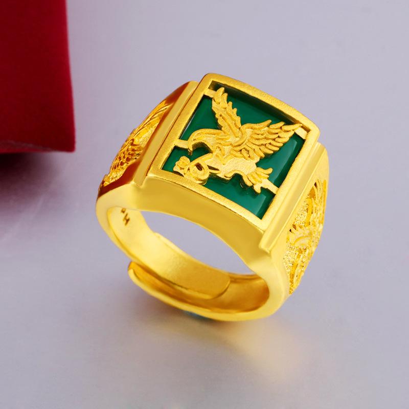 24K Gold Filled Ring for Men Sand Gold Inlaid Jade Ring Eagle Big Boss Ring L034 Imitation Gold Malay Jade Open Adjustable Nature Jewelry