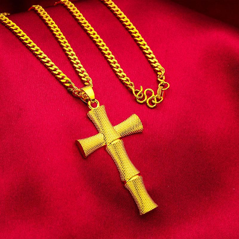 24K Gold Filled Necklace Boss Flat 3mm Chain 50cm Long Original Design Large Size Cross Pendant Wholesale Jewelry
