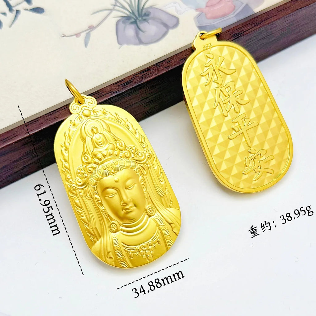 Men's Gold Guanyin Pendant Necklace, Exquisite High-Quality Fashionable Chain & Link Jewelry, Heavy-Width Cuban Chain Statement Accessory, Ideal Gift for Men