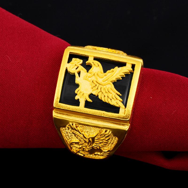 24K Gold Filled Ring for Men Sand Gold Inlaid Jade Ring Eagle Big Boss Ring L034 Imitation Gold Malay Jade Open Adjustable Nature Jewelry