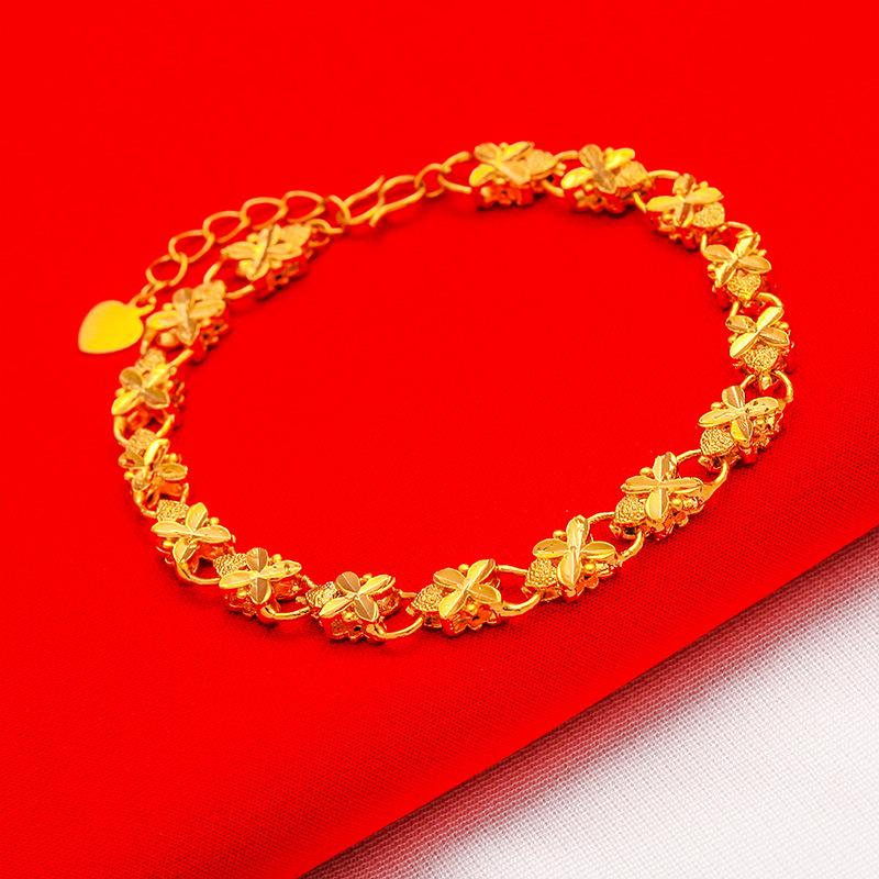 Gold Filled Four-Leaf Bracelet Wedding Vintage 24K Gold Filled Vietnam Sand Gold Phoenix Eye Lucky Grass Bracelet for Women