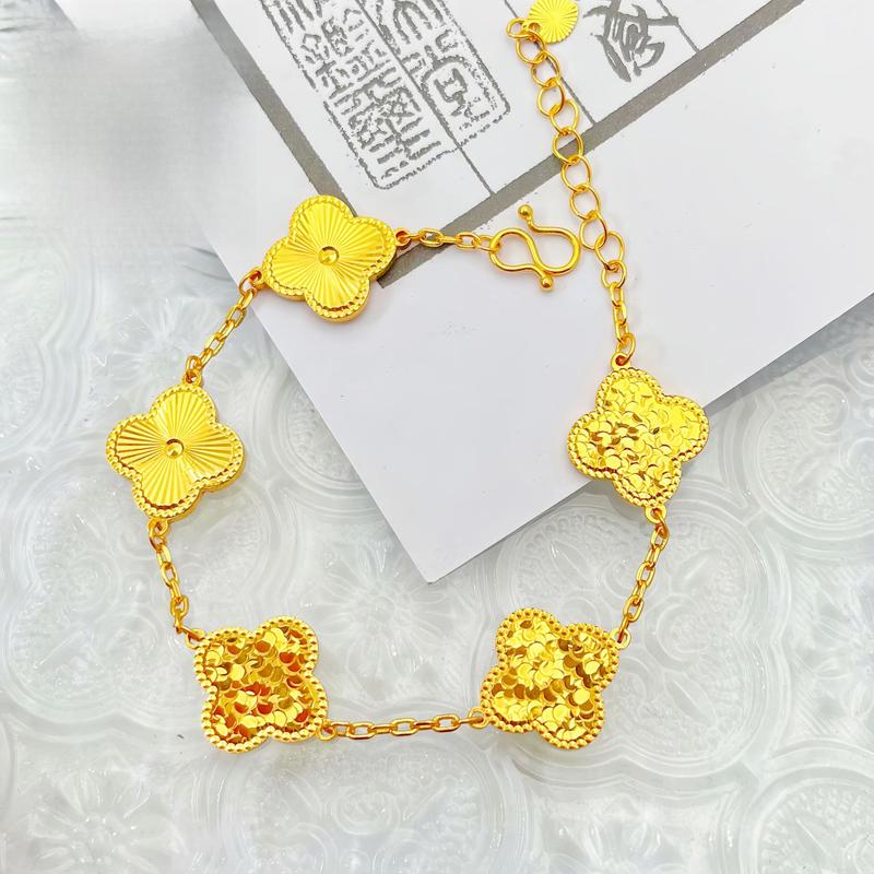 Gold Store Same Style High Color Retention Ancient Method Sand Gold Laser Crushed Ice Four-Leaf Clover Bracelet(L097) with Dragon Scale Lucky Clover Five-Flower Motif for Women