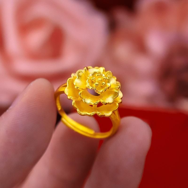 Gold Filled Women's Vintage Flower Ring, Vietnam Sand Gold Flower Ring, Bride Wedding Prosperity Flower Ring