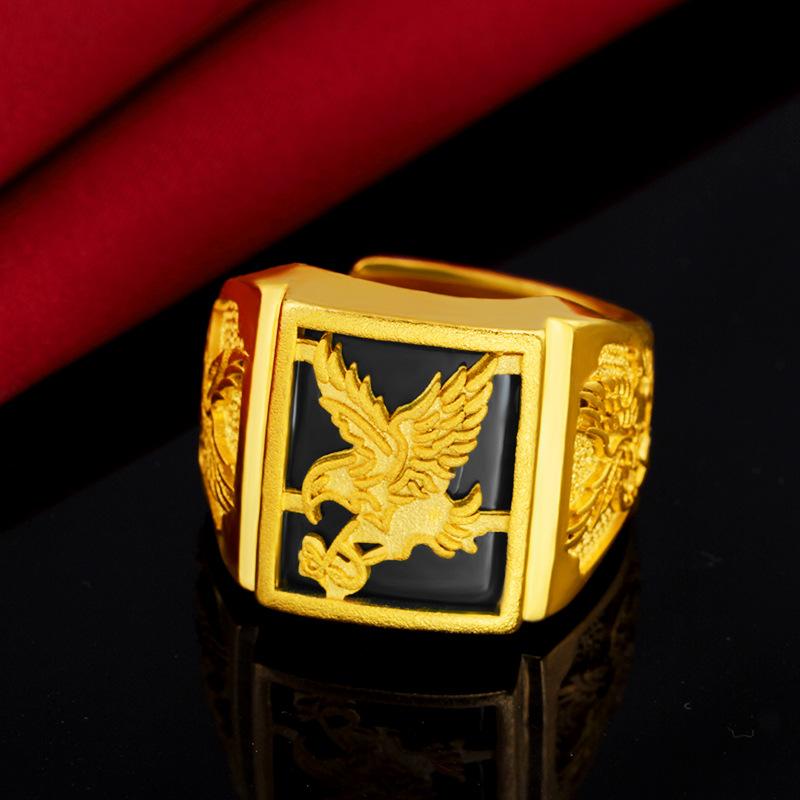 24K Gold Filled Ring for Men Sand Gold Inlaid Jade Ring Eagle Big Boss Ring L034 Imitation Gold Malay Jade Open Adjustable Nature Jewelry