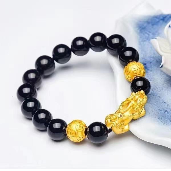 Money Attraction Bracelet Gold Filled Accessories Men Pixiu Bracelet Wealth Transfer Beads Obsidian Black Bracelet Copper Alloy DIY Jewelry Wholesale daily gift (L002)