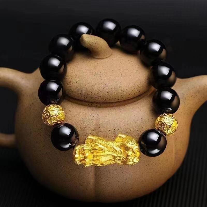 Money Attraction Bracelet Gold Filled Accessories Men Pixiu Bracelet Wealth Transfer Beads Obsidian Black Bracelet Copper Alloy DIY Jewelry Wholesale daily gift (L002)