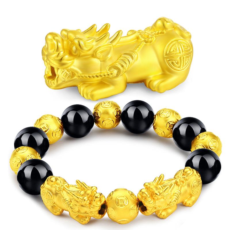 money attraction bracelet Gold Filled Pixiu Bracelet for Men and Women Imitation Gold Pixiu Obsidian Bracelet Copper Material Elegant Design Online Wholesale Women's Jewelry high  appearance  bracelet unique design