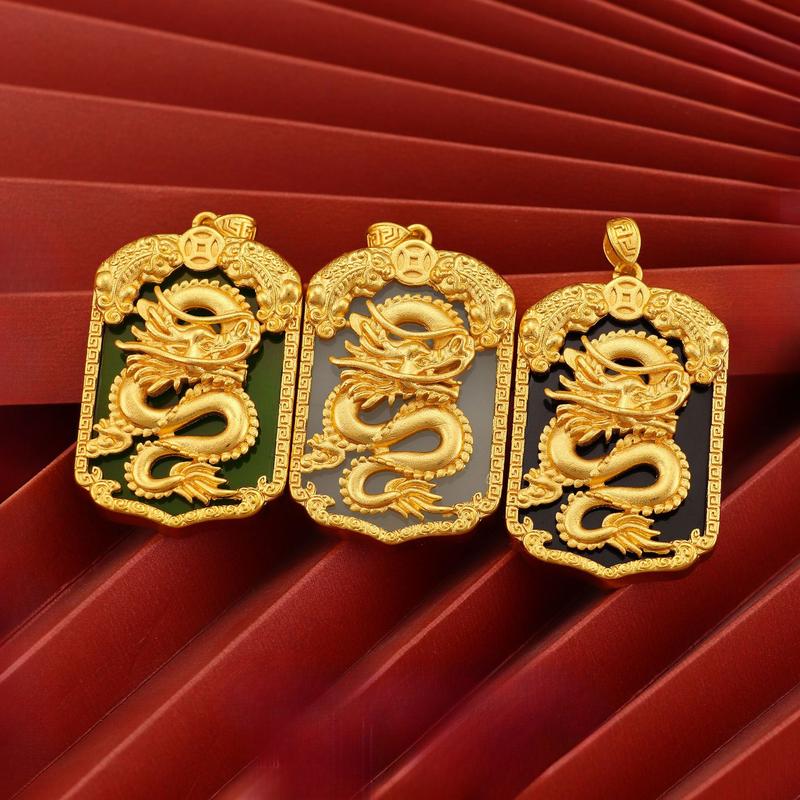 National Trend Sand Gold Imitation Gold Inlaid Jade Dragon Pendant(L078) Inlaid Gemstone Copper Coin Pixiu Necklace Pendant Brass Gold-Plated Jewelry