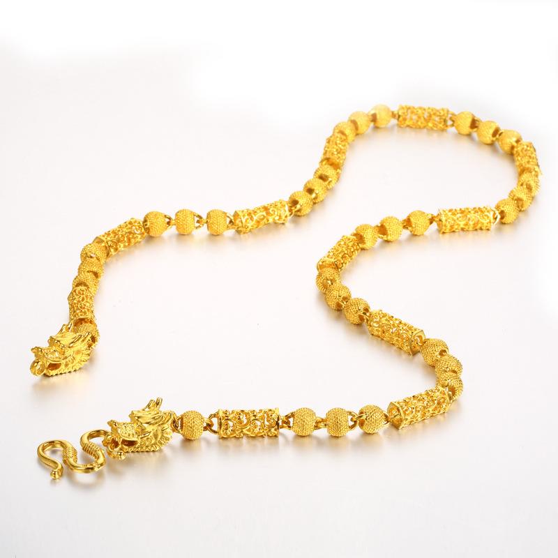 24K Gold Filled Buddha Bead Dragon Head Necklace Men's Vietnamese Sand Gold Hollow Dragon Chain Euro Coin Imitation Gold Round Bead Chain