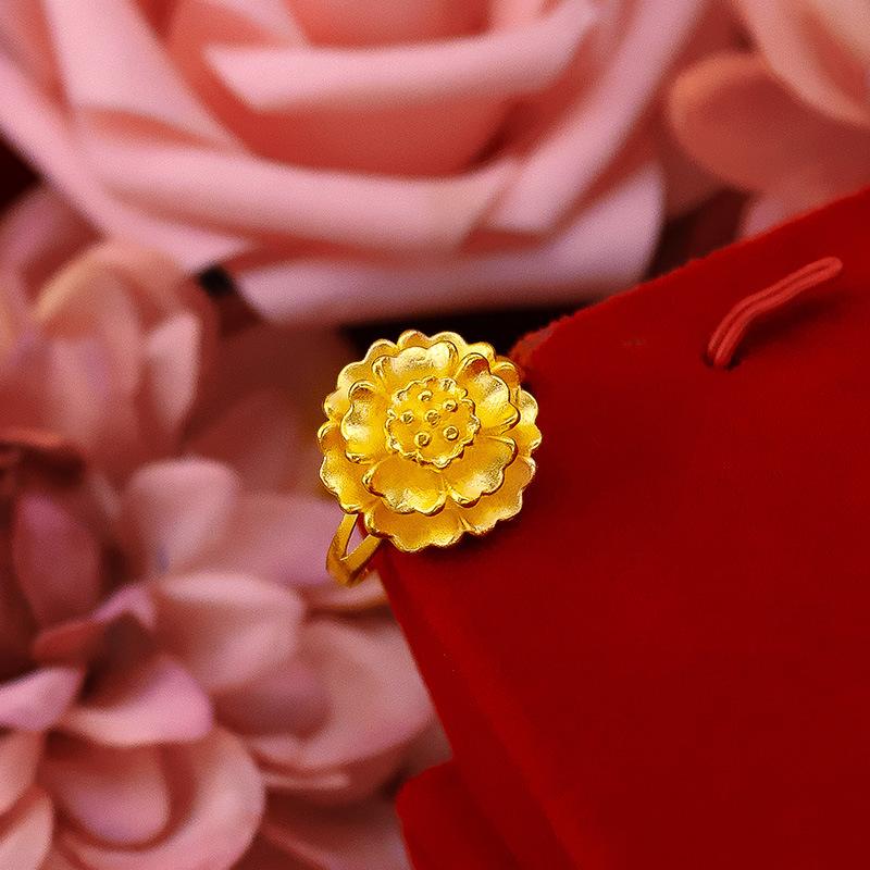 Gold Filled Women's Vintage Flower Ring, Vietnam Sand Gold Flower Ring, Bride Wedding Prosperity Flower Ring