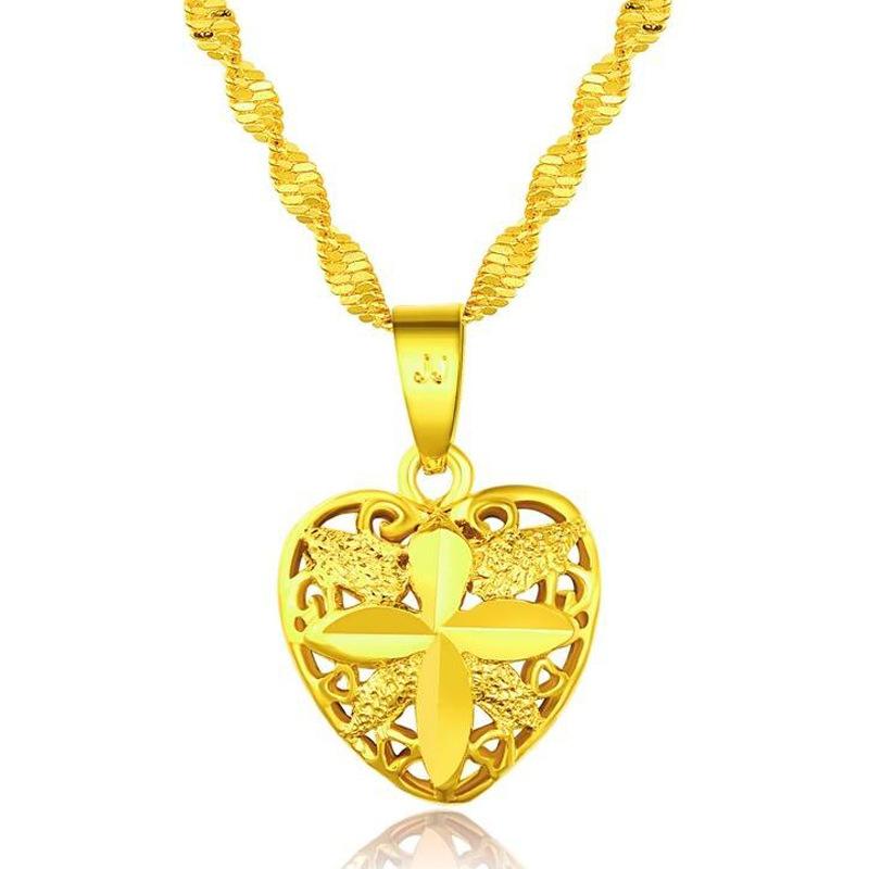 Euro Coin Jewelry Heart-Shaped Water Wave Pendant Chain L038 24K Color Fashion Style Herringbone Necklace for Women Gold Filled Finish All-Matching Fashion Accessory
