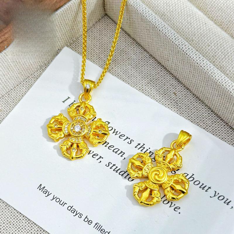Gold Store Same Style High Color Retention Ancient Method Gold Filled Inlaid Diamond Cross Vajra Pendant L096 National Trend Four Leaf Vajra Pendant Herringbone Necklace Copper Jewelry Gold Filled