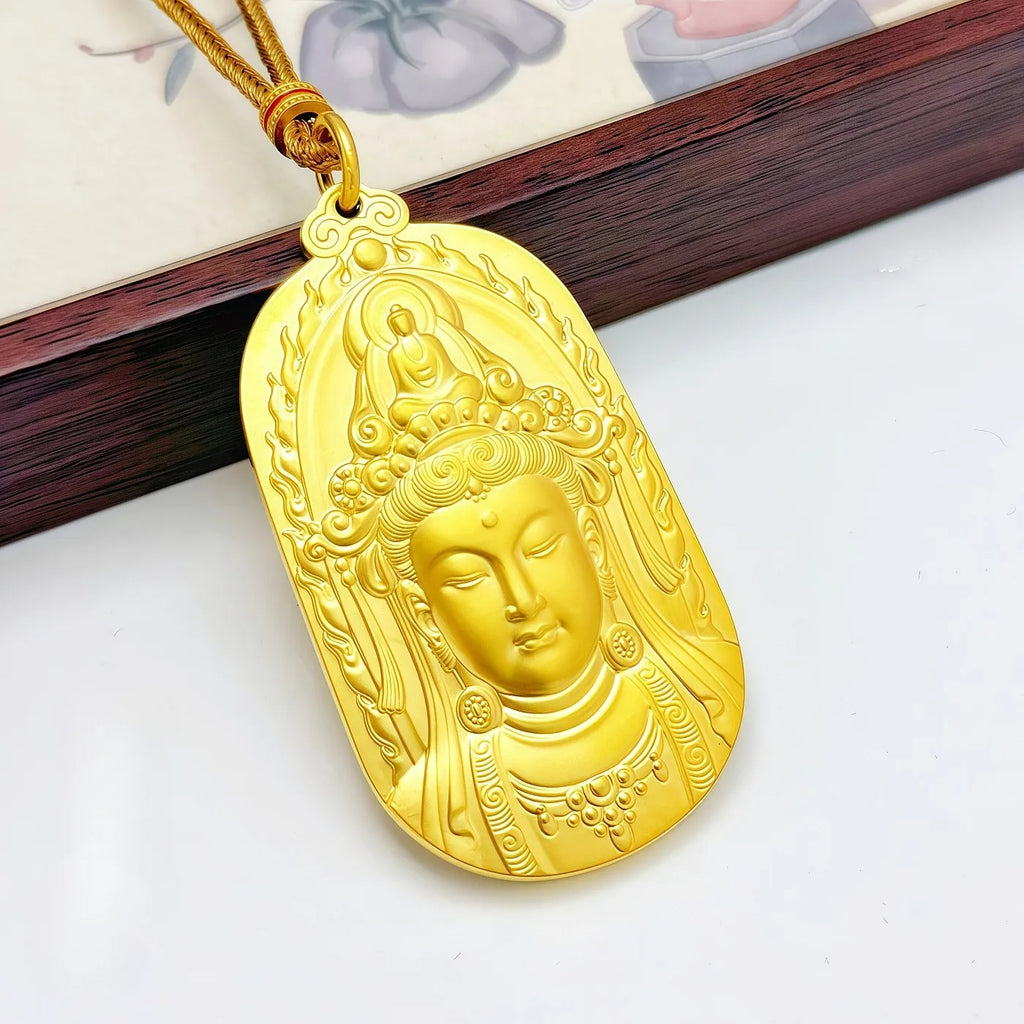 Men's Gold Guanyin Pendant Necklace, Exquisite High-Quality Fashionable Chain & Link Jewelry, Heavy-Width Cuban Chain Statement Accessory, Ideal Gift for Men