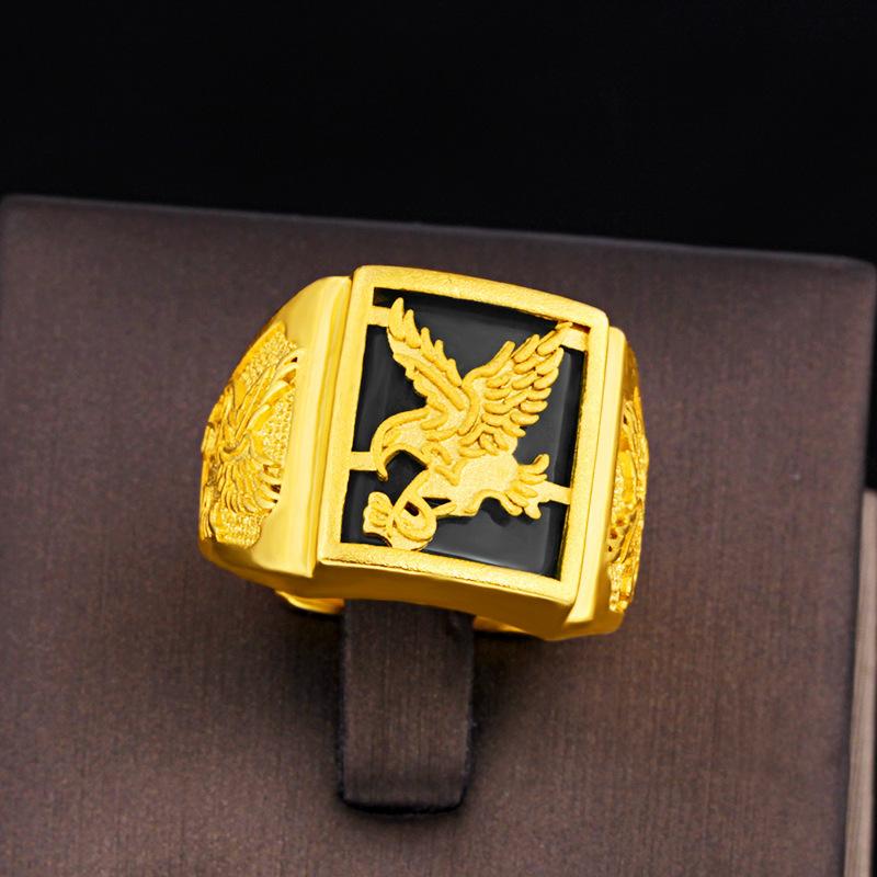 24K Gold Filled Ring for Men Sand Gold Inlaid Jade Ring Eagle Big Boss Ring L034 Imitation Gold Malay Jade Open Adjustable Nature Jewelry
