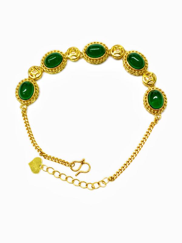 Daily Costume Jewelry Accessory Gold-Tone Bracelet with Green Oval Stones and Heart Charm for Everyday Wear Length 18.5mm with Extend 4mm (L007)