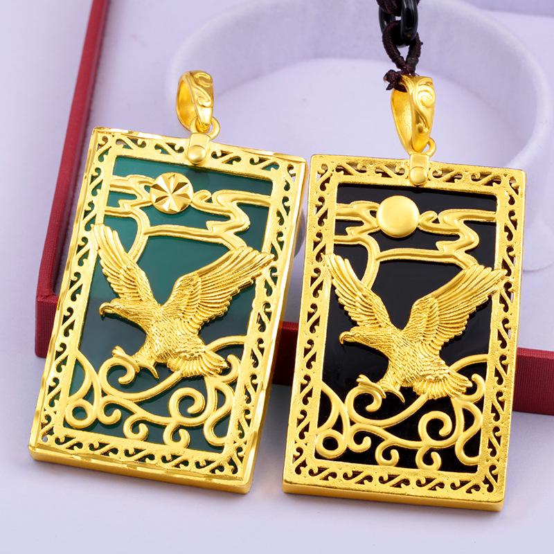 Domineering Laos Sand Gold Green Chalcedony Pendant (L091) for Women Dragon Phoenix Presenting Auspiciousness Gold Inlaid Jade Pendant Chain Ethnic Style Gold Filled Jewelry